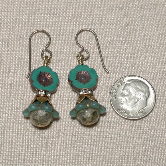 Hand Crafted Handmade Earrings Teal Victorian-Inspired Flower Hibiscus E… - Picture 3 of 5